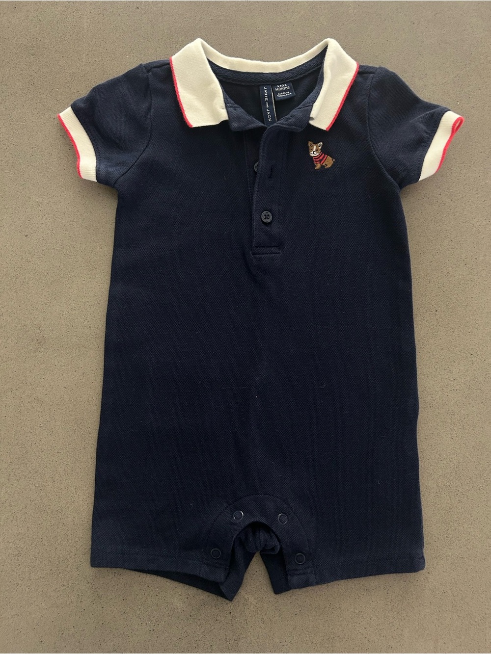 Janie and Jack Navy Polo shortie Romper with White Collar and Red Accents